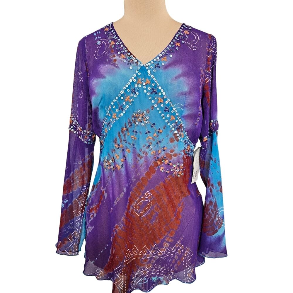 Phool Purple Blue Red Sequin Boho Tunic Top Medium India  NWT Fairycore Bling